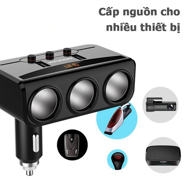 Tẩu sạc HYUNDAI HY29 – chia 3 nguồn tẩu, 2 cổng sạc usb